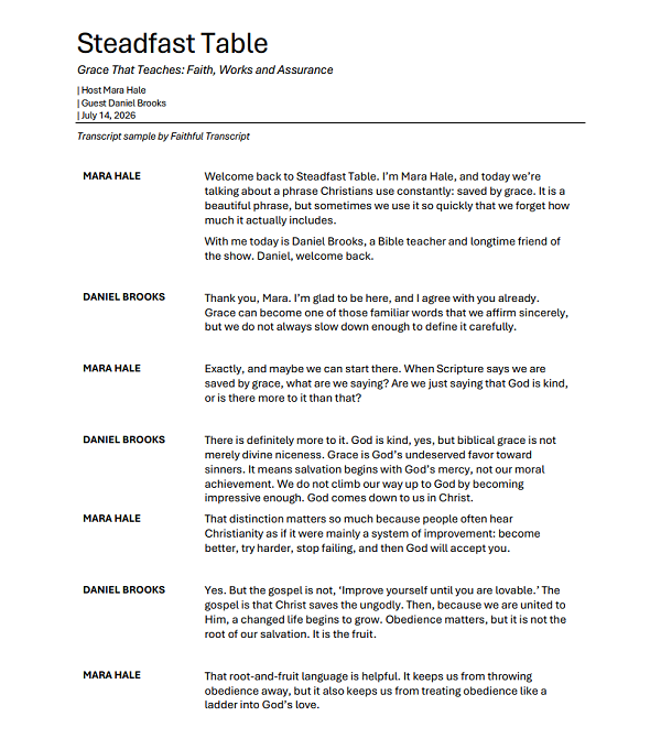 Preview of single-speaker sermon transcript with left-aligned header