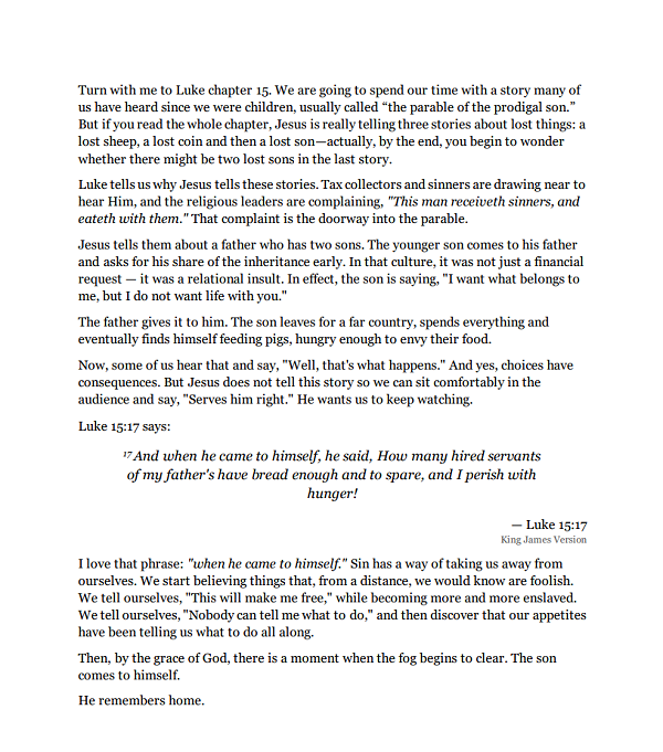Preview of single-speaker sermon transcript in a book-style presentation