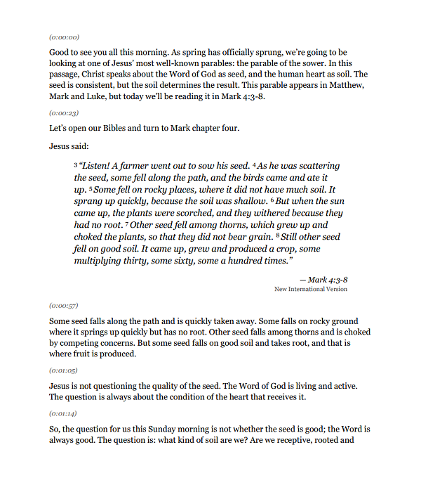 Preview of single-speaker sermon transcript in a book-style presentation