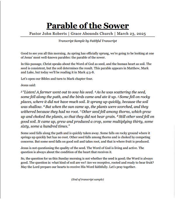 Preview of single-speaker sermon transcript with centered-header