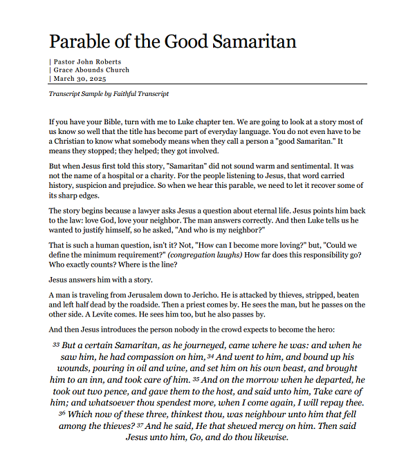 Preview of single-speaker sermon transcript with centered-header and timestamps